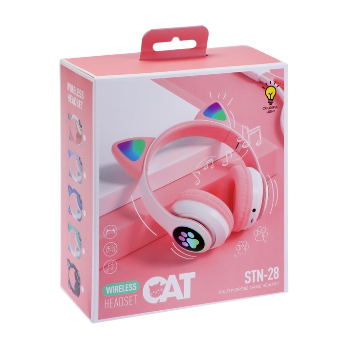 Наушники-Кошки W-32, беспроводные, микрофон, BT 5.0, AUX, microSD, MP3, 400 мАч, розовые