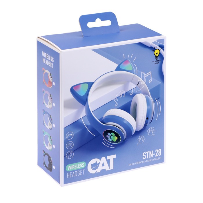 Наушники-Кошки W-32, беспроводные, микрофон, BT 5.0, AUX, microSD, MP3, 400 мАч, синие