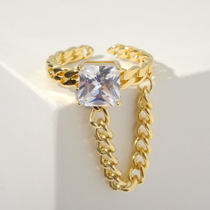 Кольцо "Богатство" квадрат с цепочкой, цвет белый в золоте, безразмерное
