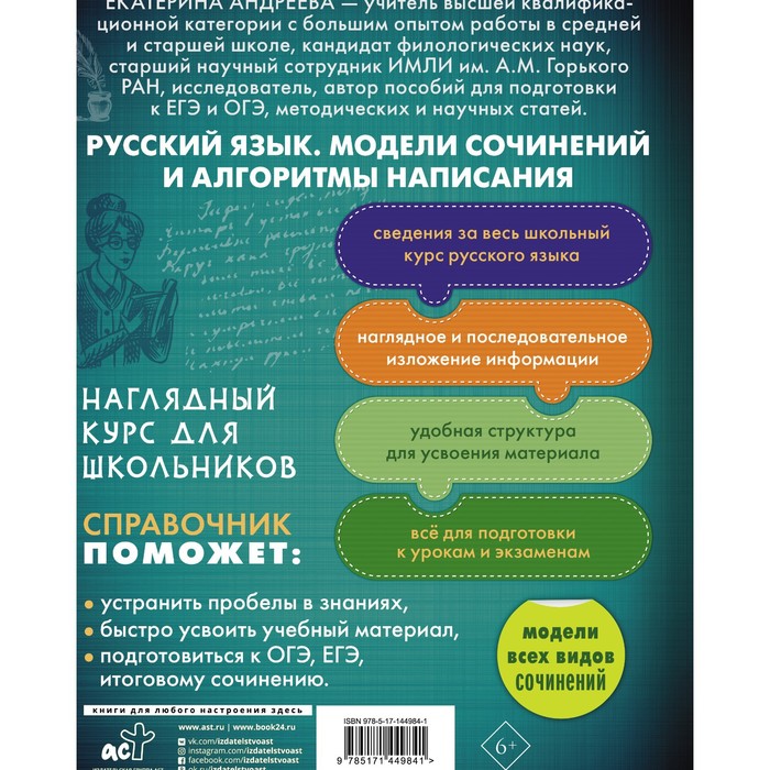

Русский язык. Модели сочинений и алгоритмы написания для школьников. Андреева Е.А.