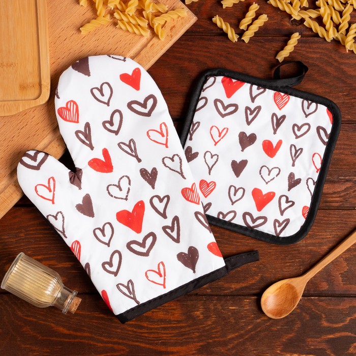 Кухонный набор (2 предмета) Этель LoveLife «Сердечки», прихватка 17х17 см, рукавичка 26х16 см, 100% п/э