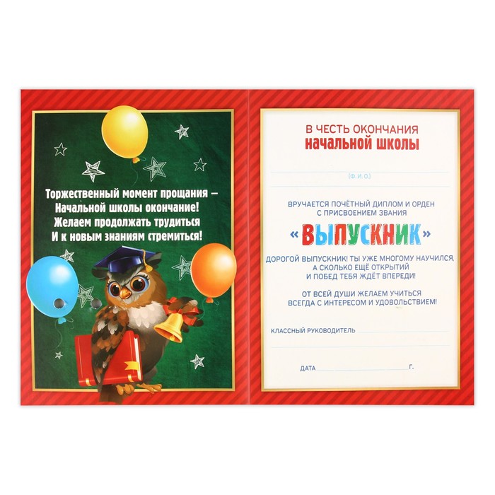 

Диплом и орден «Выпускнику начальной школы», 15 х 21 см, d = 7,5 см.