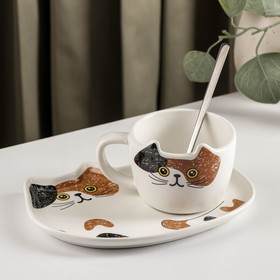 Чайная пара с ложкой «Котик» чашка 200 мл, блюдце 18x11 см