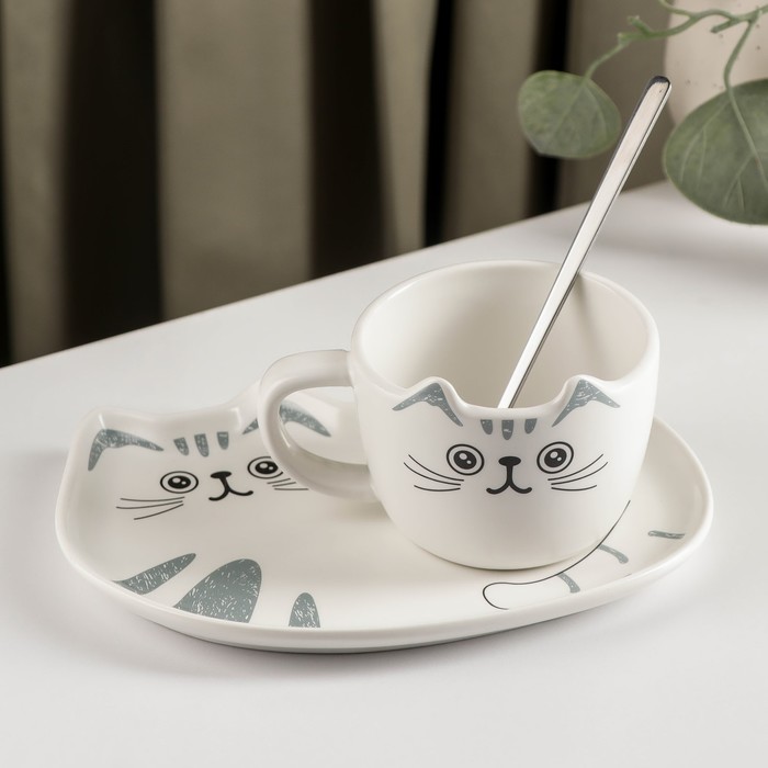 Чайная пара керамическая «Котик», 3 предмета: чашка 200 мл, блюдце 18,5×13,5 см, ложка чайная пара керамическая листочек чашка 320 мл блюдце 25 5×16 см ложка цвет серый