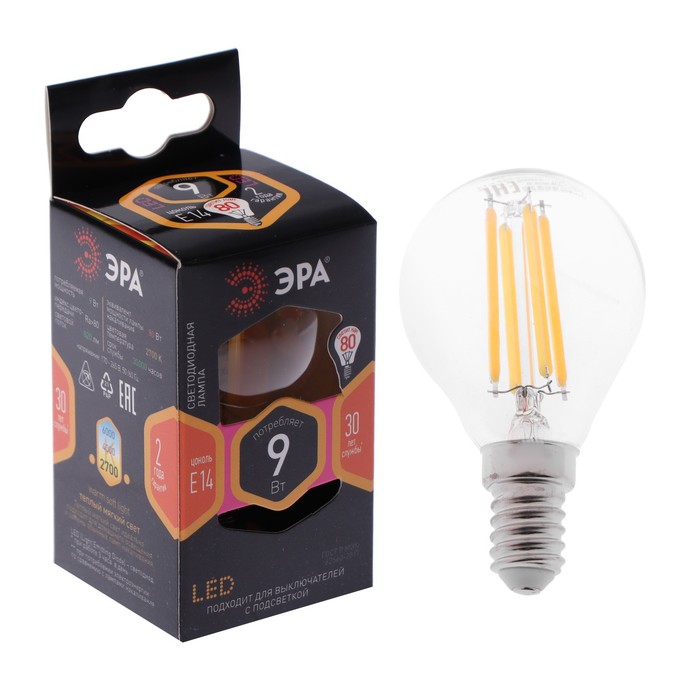 

Лампа светодиодная ЭРА "Филамент" F-LED, Е14, 9 Вт 2700 К, 820 Лм, шар, теплый белый