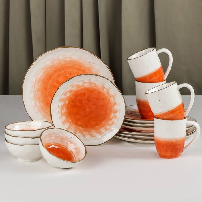Сервиз керамический столовый Доляна «Космос», 16 предметов: 4 тарелки d=21 см, 4 тарелки d=27,5 см, 4 миски d=13 см, 4 кружки 400 мл, цвет оранжевый