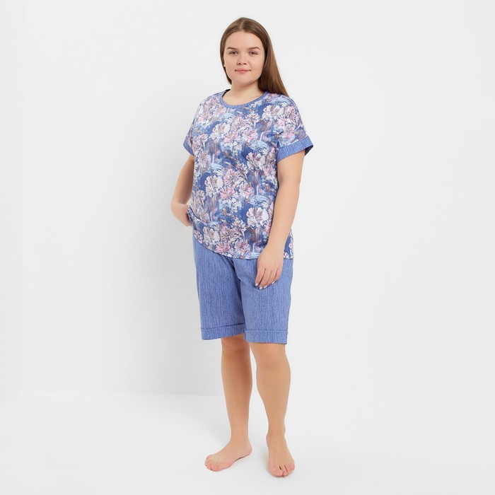 Пижамный комплект женский (футболка, шорты), цвет акварель/индиго, размер 48