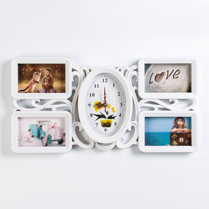 Часы настенные с фоторамками Цветок, плавный ход, часы d15 х 21 см, 52 х 26 х 3 см