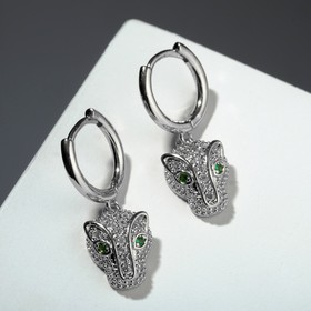 

Серьги со стразами "Тигр" на кольце, цвет бело-зелёный в серебре
