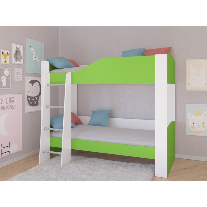 цена Детская двухъярусная кровать «Астра 2», без ящика, цвет белый / салатовый