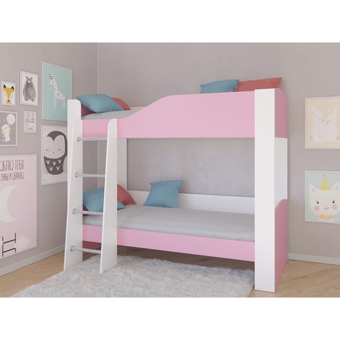 цена Детская двухъярусная кровать «Астра 2», без ящика, цвет белый / розовый