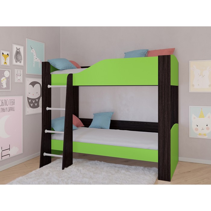 цена Детская двухъярусная кровать «Астра 2», без ящика, цвет венге / салатовый