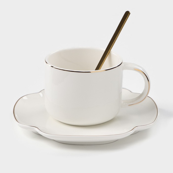 Кофейная пара керамическая «Ферреро», 3 предмета: чашка 180 мл, блюдце d=14,5 см, ложка, цвет белый