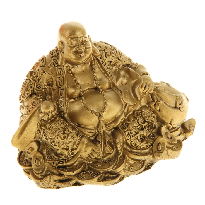 Нэцкэ под бронзу "Хотей в одеянии с жемчужиной и мешком богатства на монетах и слитках"