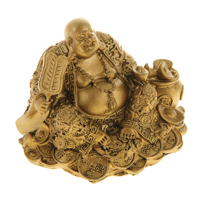 Нэцкэ под бронзу "Хотей в одеянии с опахалом, слитком и чашей изобилия на монетах"