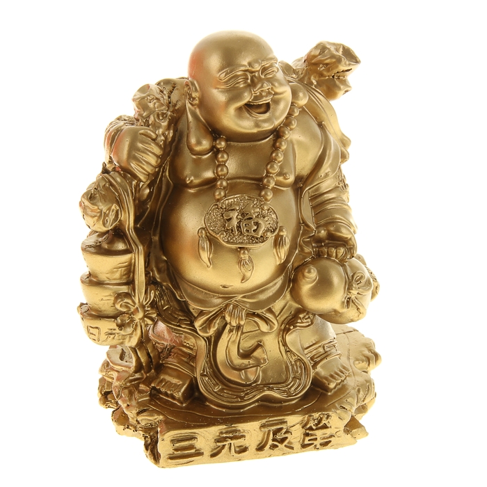 Нэцкэ под бронзу "Хотей в одеянии с посохом и слитками, мешком и хулу"