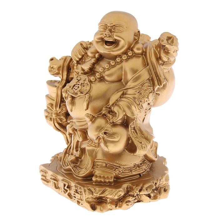 Нэцкэ под бронзу "Хотей в одеянии с посохом и слитками, мешком и хулу"