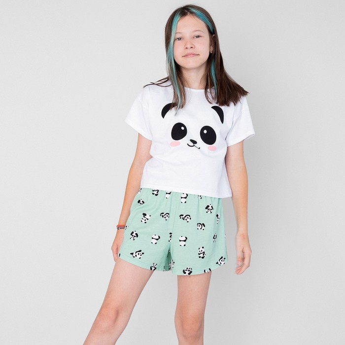 фото Пижама футболка и шорты «симпл-димпл» для девочки, рост 140 см., цвет белый/ментоловый bossa nova