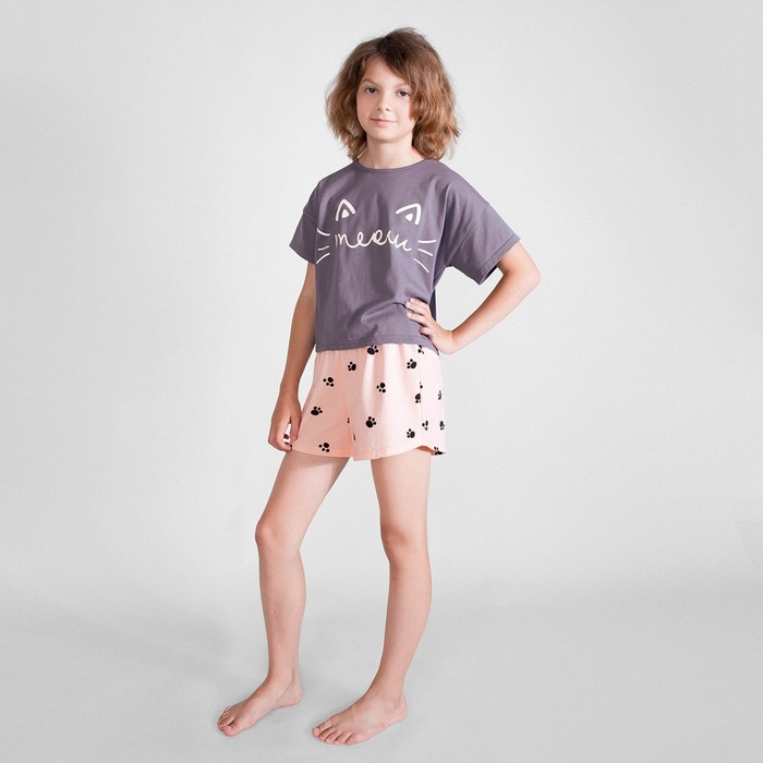 фото Пижама футболка и шорты «симпл-димпл» для девочки, рост 140 см., цвет графит/персиковый bossa nova
