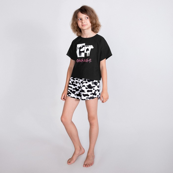 фото Пижама футболка и шорты «симпл-димпл» для девочки, рост 134 см., цвет черный/белый bossa nova
