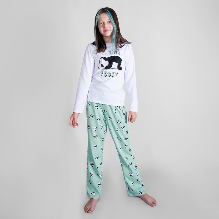Пижама лонгслив и брюки «Симпл-димпл» для девочки, рост 134 см., цвет белый/ментоловый