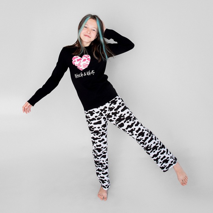 Пижама лонгслив и брюки «Симпл-димпл» для девочки, рост 140 см., цвет черный/белый