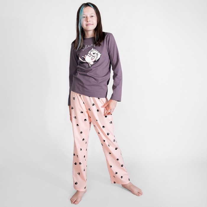 фото Пижама лонгслив и брюки «симпл-димпл» для девочки, рост 134 см., цвет графит/персиковый bossa nova
