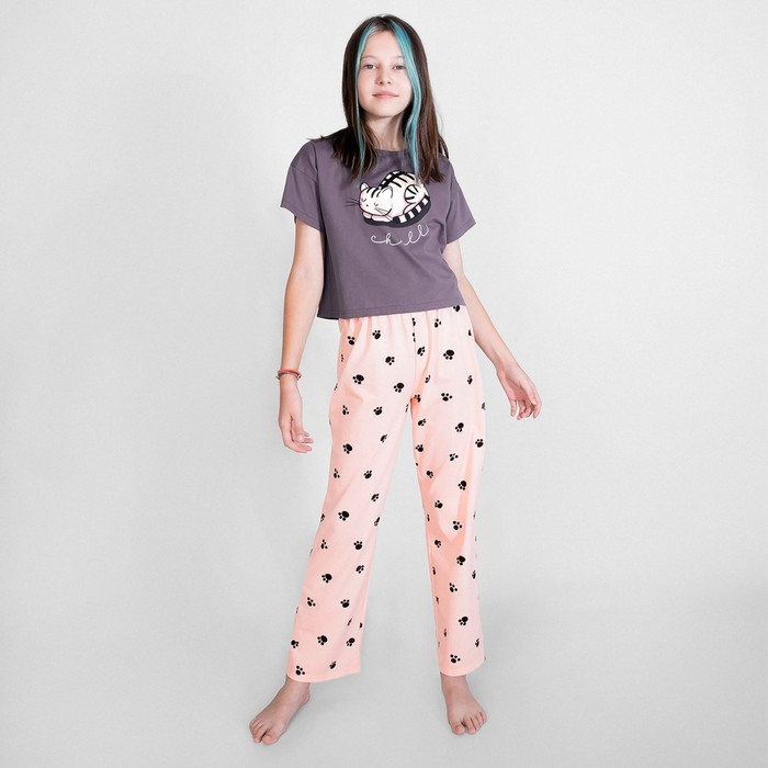 фото Пижама футболка и брюки «симпл-димпл» для девочки, рост 134 см., цвет графит/персиковый bossa nova