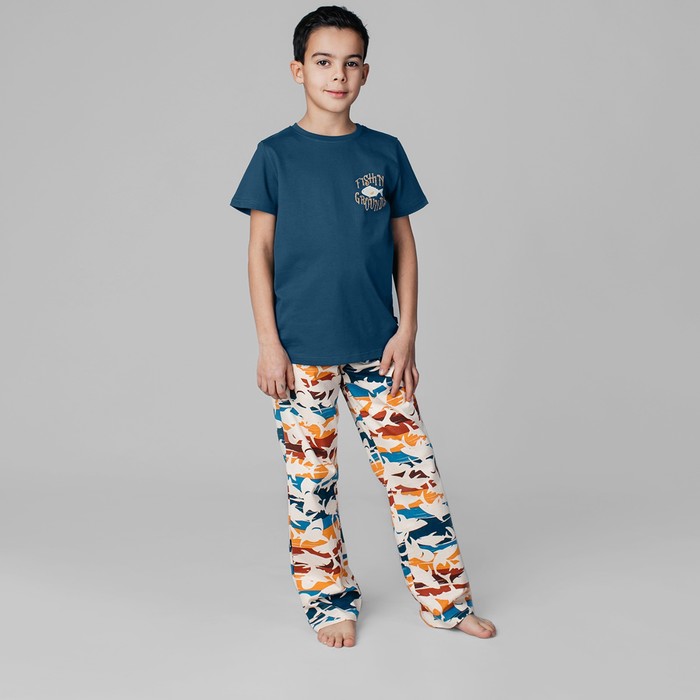 Пижама футболка и брюки «Симпл-димпл» для мальчика, рост 134 см., цвет темно-синий/бежевый