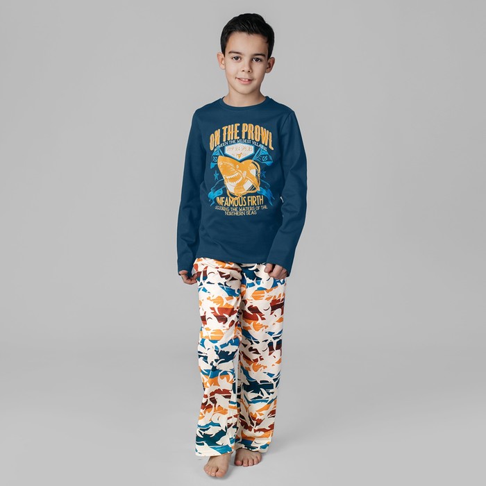 Пижама лонгслив и брюки «Симпл-димпл» для мальчика, рост 140 см., цвет темно-синий/бежевый