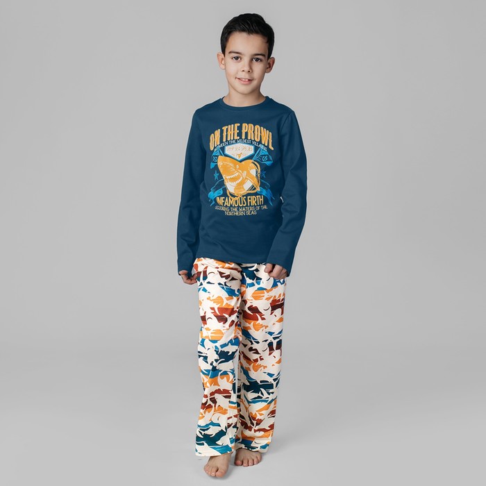 Пижама лонгслив и брюки «Симпл-димпл» для мальчика, рост 158 см., цвет темно-синий/бежевый