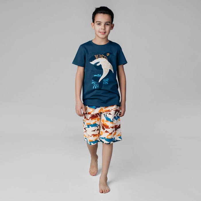 фото Пижама футболка и шорты «симпл-димпл» для мальчика, рост 140 см., цвет темно-синий/бежевый bossa nova
