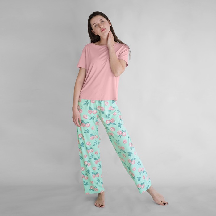Пижама футболка и брюки «Онфлёр», размер 48, цвет салатовый/пыльная роза