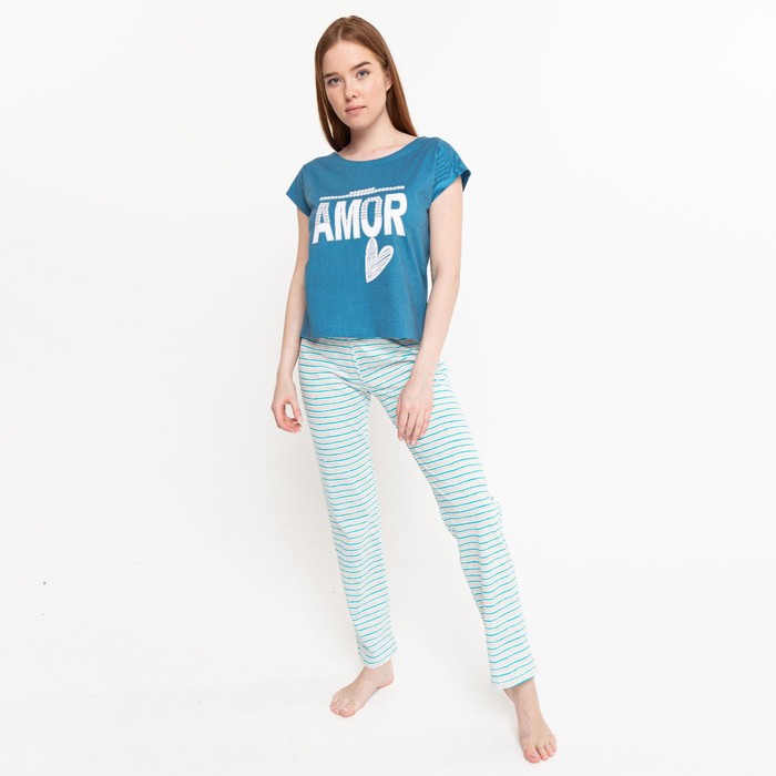Комплект женский (футболка, брюки), цвет бирюзовый, размер 44