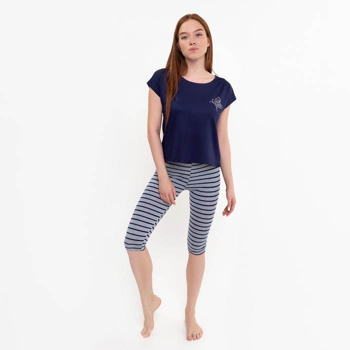 Комплект женский (футболка, бриджи), цвет тёмно-синий, размер 44