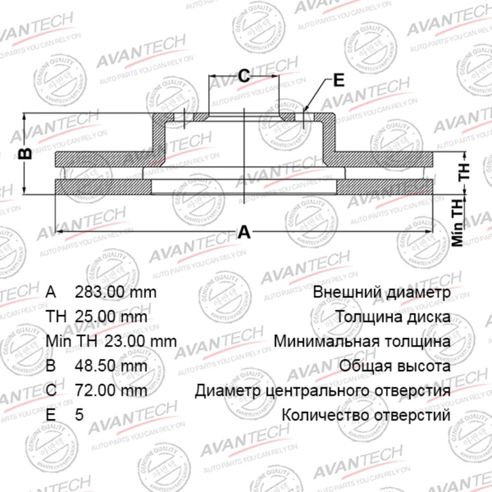 Диск тормозной AVANTECH (FR) Mazda 6(GG,GY) (02-07)