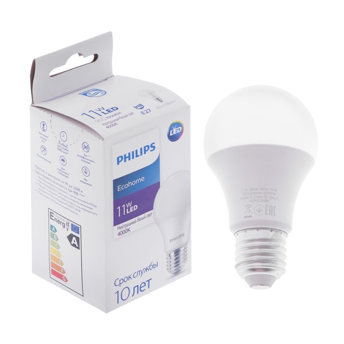 фото Лампа светодиодная philips ecohome bulb 840, e27, 11 вт, 6500 к, 950 лм, груша