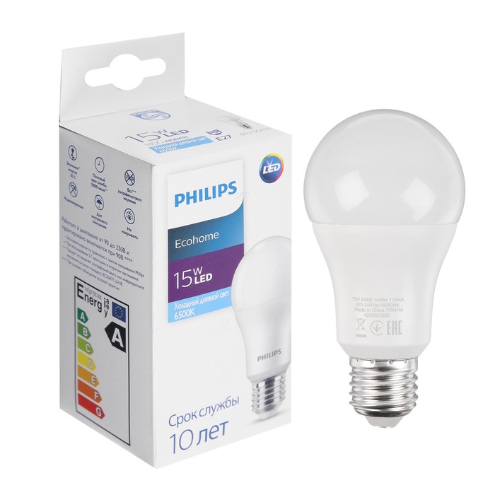 фото Лампа светодиодная philips ecohome bulb 865, e27, 15 вт, 6500 к, 1450 лм, груша