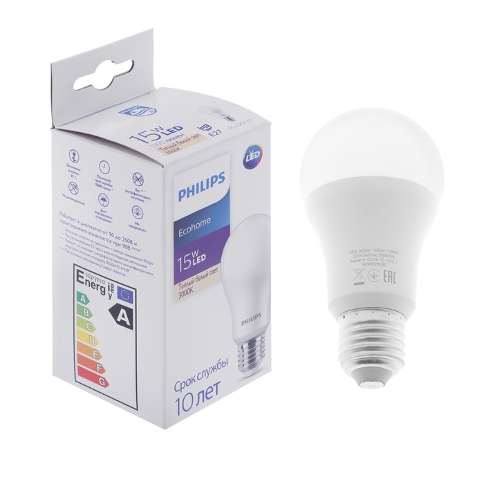 фото Лампа светодиодная philips ecohome bulb 830, e27, 15 вт, 3000 к, 500 лм, груша