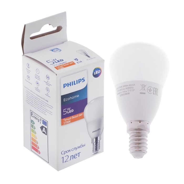 фото Лампа светодиодная philips ecohome lustre 827, e14, 5 вт, 2700 к, 500 лм, шар