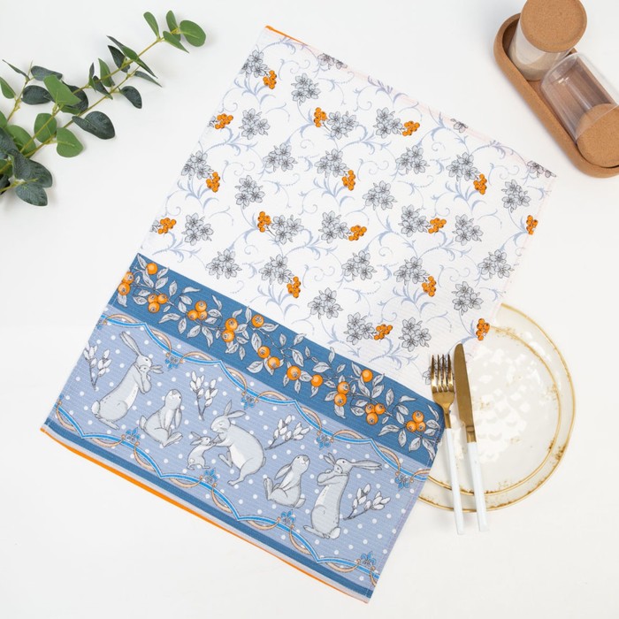 фото Полотенце вафельное "пасхальные зайцы" 45х60 см, синий, 160 г/м2, хл, рис 1 русский дом