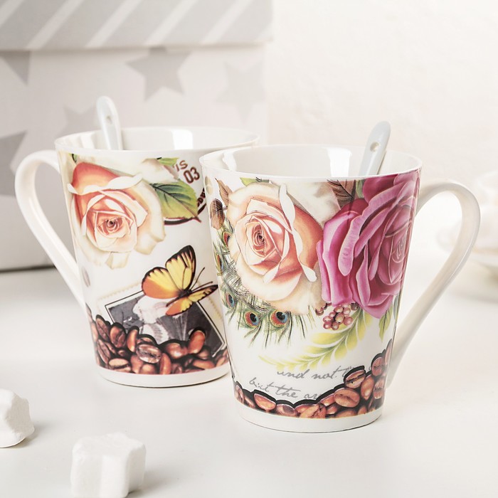 Набор кружек 320 мл с ложками "Розалинда", 2 шт, цвета МИКС