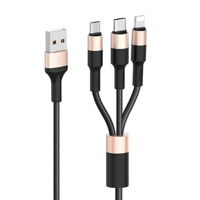 Кабель Hoco X26, microUSB/Lightning/Type-C - USB, 2 А, 1 м, нейлон оплетка, черно-золотистый