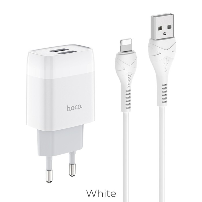 фото Сетевое зарядное устройство hoco c73a, 2 usb, 2.4 а, кабель lightning 1 м, белый