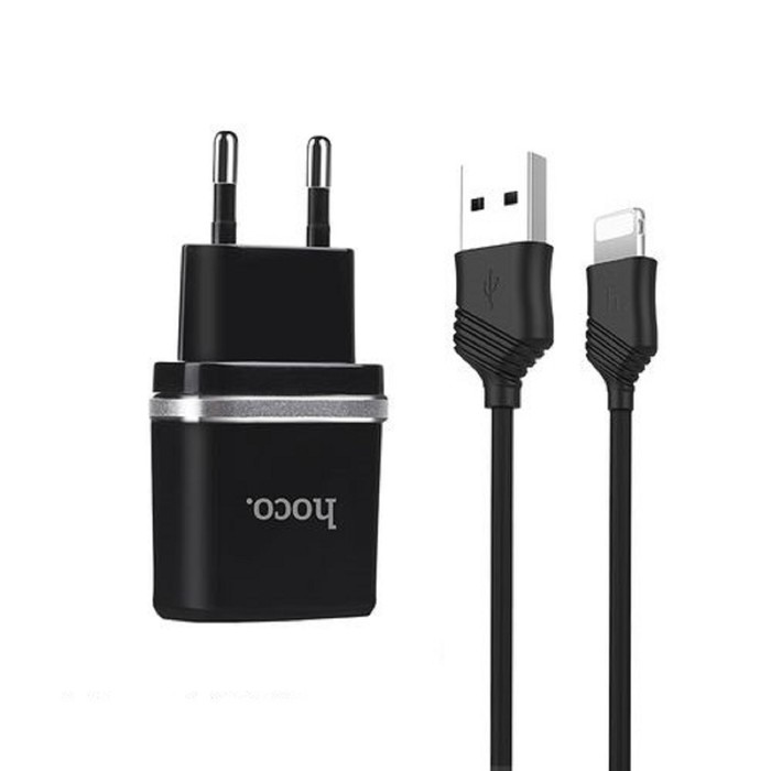 фото Сетевое зарядное устройство hoco c12, 2 usb - 2.4 а, кабель lightning 1 м, черный