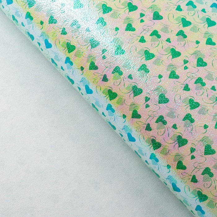 Бумага упаковочная перламутровая "Два сердца", зелёный, 50 х 70 см