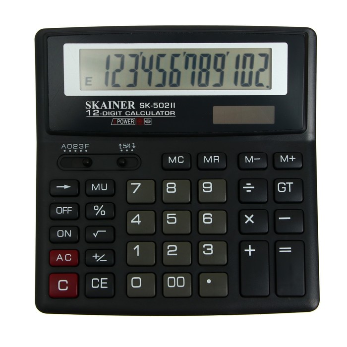 Калькулятор настольный средний SKAINER SK-502II, 12 разрядов, двойное питание, двойная память, 156x157x32 мм, черный