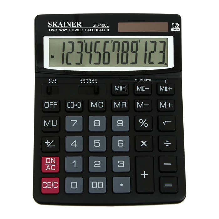 Калькулятор настольный большой 12-разрядный, SKAINER SK-400L, двойное питание, двойная память, 150 x 193 x 29 мм, черный