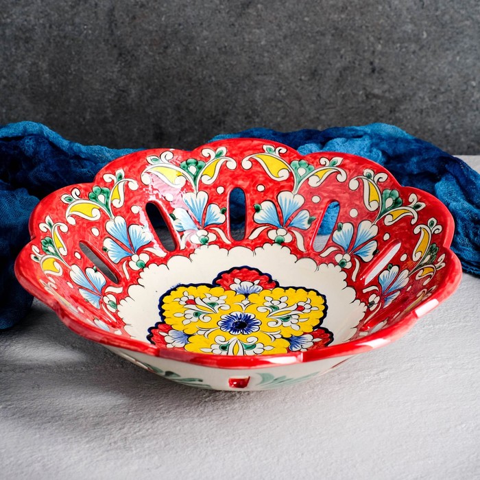 Фруктовница Риштанская Керамика Цветы, 28 см, красная фруктовница риштанская керамика цветы 33 см синяя