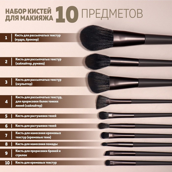 

Набор кистей для макияжа, 10 предметов, футляр на завязках, цвет тёмно-серый